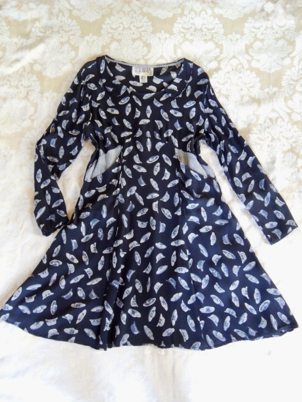 Vintage T.T. Mar Black & Blue Retro Hat Print Tapeze Dress M/L
